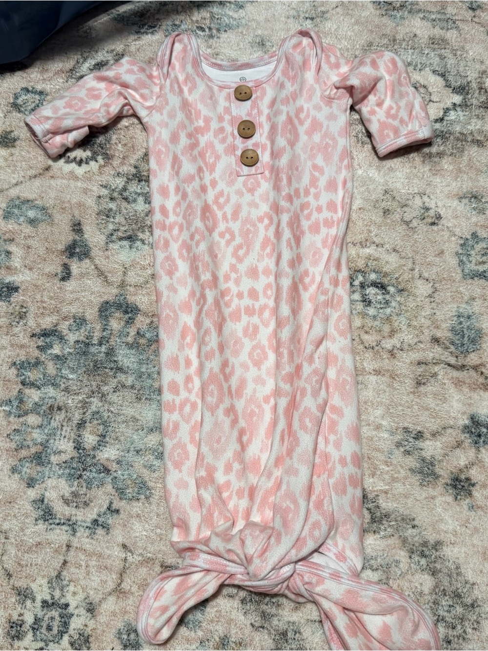 Caden Lane Pink Leopard Knotted Baby Gown with Wood Buttons